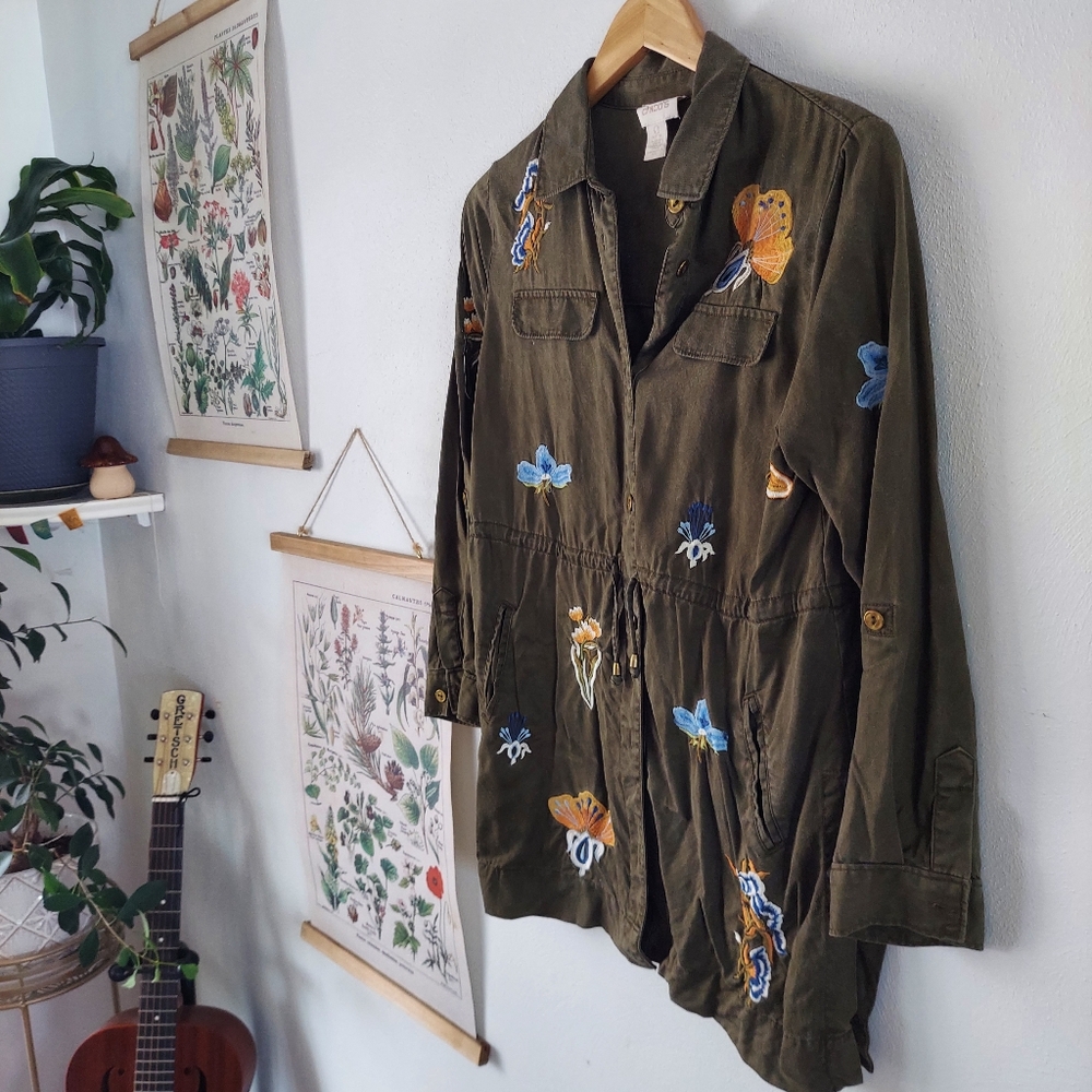Chico's - XS Petite - Embroidered Olive Green Spring Jacket